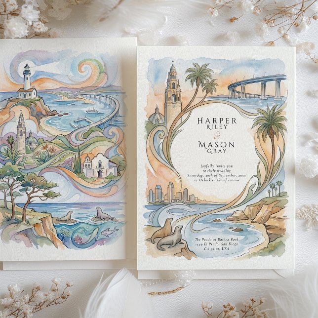 Invitación San Diego Coastal Landmarks Watercolor Wedding (Subido por el creador)