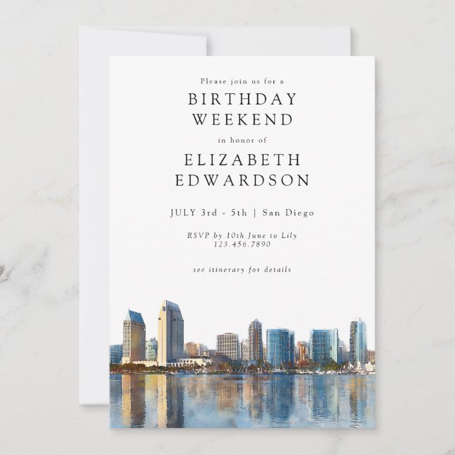 Invitación San Diego Skyline Watercolor Birthday Weekend (Anverso)