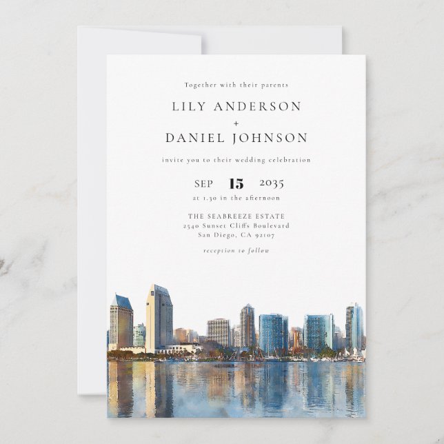Invitación San Diego Skyline Watercolor QR Code Wedding (Anverso)