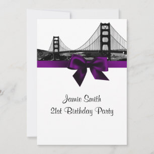 Invitación San Fran Skyline Etched BW Purple Cumpleaños Party