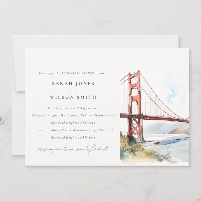 Invitación San Francisco Golden Gate Bridge Rehearsal Dinner (Anverso)