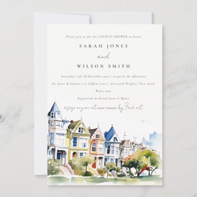 Invitación San Francisco Painted Ladies Scape Couples Shower (Anverso)
