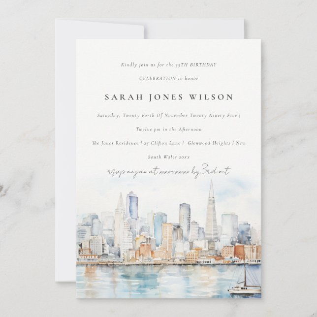 Invitación San Francisco Watercolor Landscape Birthday (Anverso)