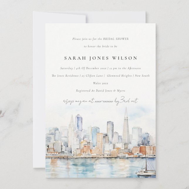 Invitación San Francisco Watercolor Landscape Bridal Shower (Anverso)
