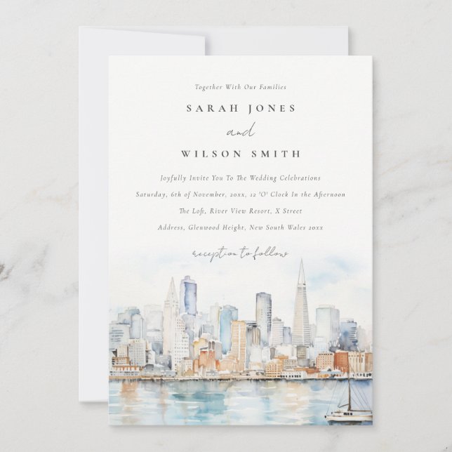 Invitación San Francisco Watercolor Landscape Wedding (Anverso)