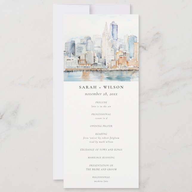 Invitación San Francisco Watercolor Landscape Wedding Program (Anverso)