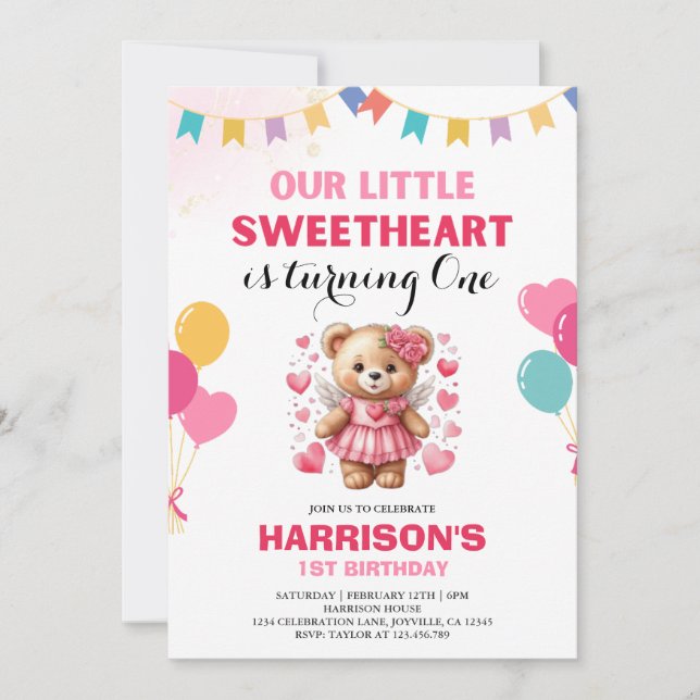 Invitación San Valentín amor Pink Teddy Bear Cumpleaños (Anverso)