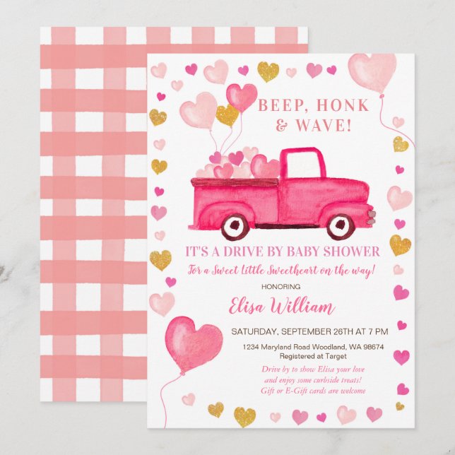 Invitación San Valentín Camión Rosa De Baby Shower (Anverso / Reverso)