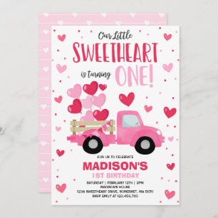 Invitación San Valentín Corazón primer cumpleaños Camión Rojo