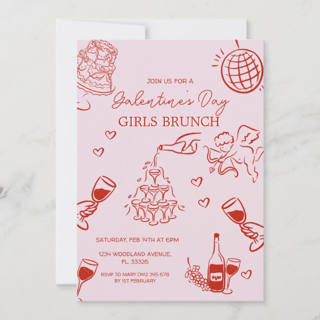 Invitación San Valentín de Chicas de Galentine Rosa manos dib (Anverso)