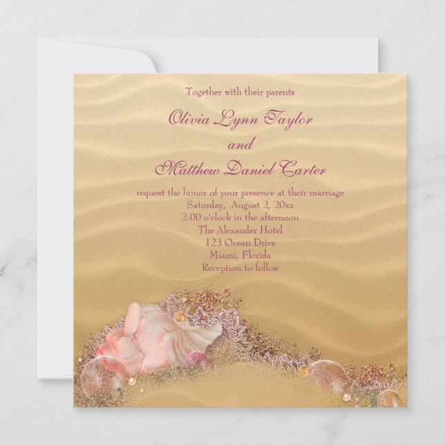 Invitación Sand Beach Seashells Beach Wedding (Anverso)