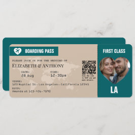 Invitación Sand Beige & Ocean Teal Boarding Pass Wedding