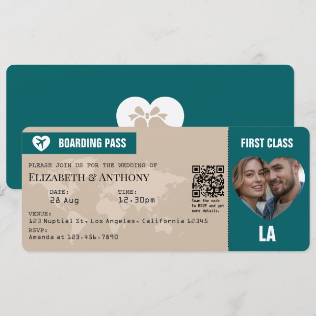 Invitación Sand Beige & Ocean Teal Boarding Pass Wedding (Anverso / Reverso)