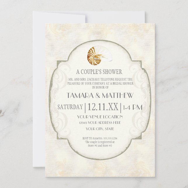 Invitación Sand Damask Nautilus Shell Ocean Beach Nautical (Anverso)