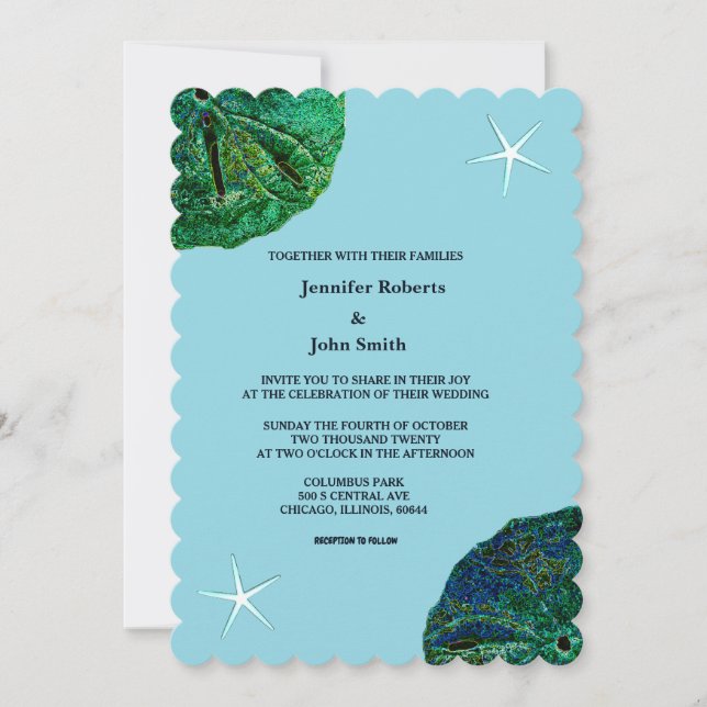 Invitación Sand Dollar Blue Sanddoler Beach Starfish Boda (Anverso)