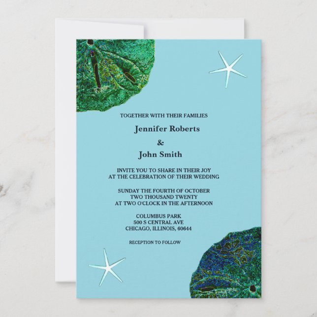 Invitación Sand Dollar SandDollar Beach Starfish Blue Boda (Anverso)