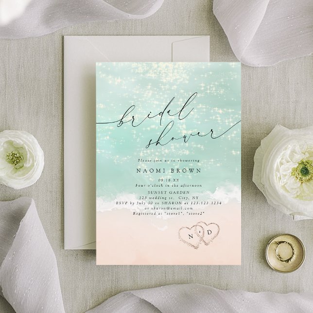 Invitación Sand Hearts Beach Bridal Shower (Modern Script Sand Hearts Beach Bridal Shower Invitation)