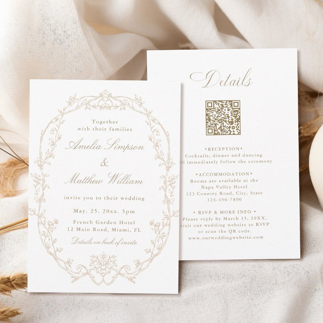 Invitación Sand Ornate Floral Frame All in One Wedding (Front & Back)