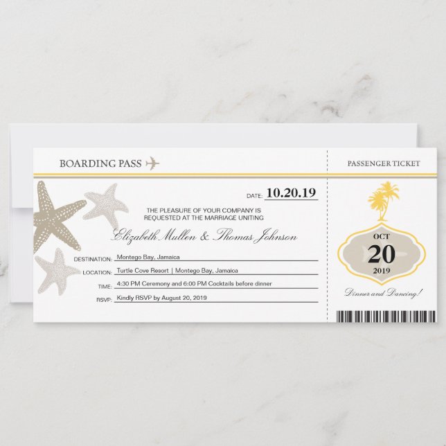 Invitación Sand Starfish ButterCrema Palm Tree Boarding Pass (Anverso)