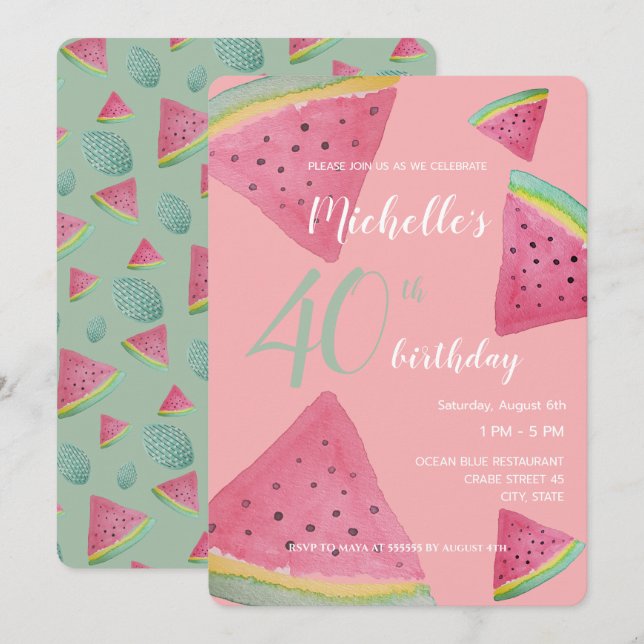 Invitación Sandía Acuarela Pintada a mano (Anverso / Reverso)