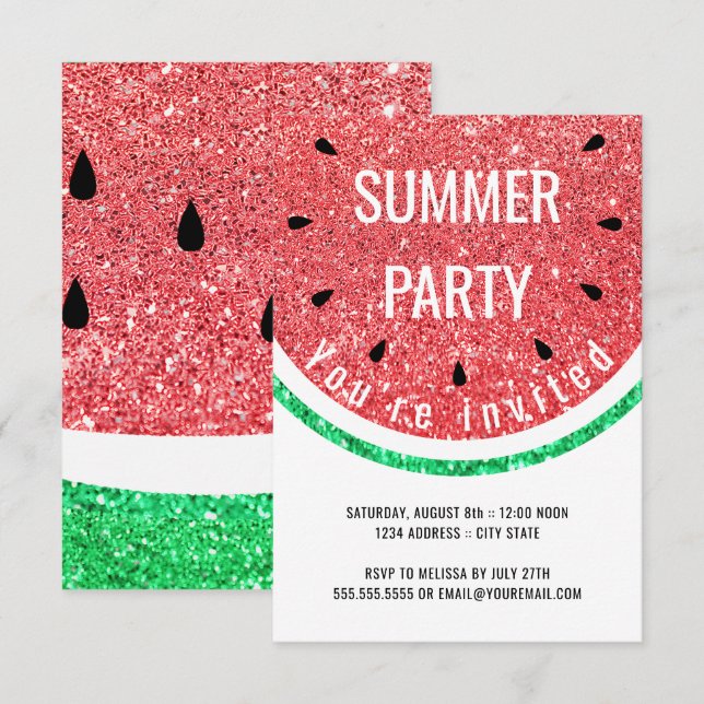 Invitación sandía brillo falso fiesta de verano (Anverso / Reverso)