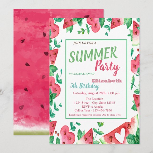 Invitación sandía, cumpleaños Fiesta de verano (Anverso / Reverso)