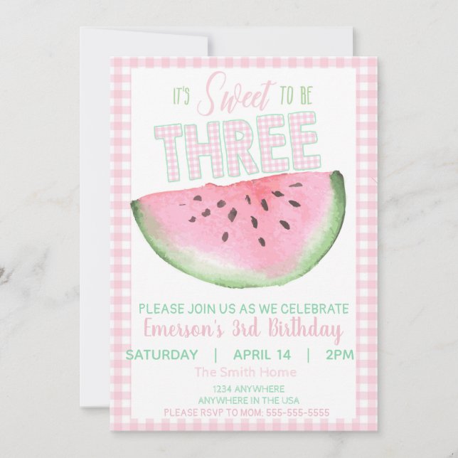 Invitación sandía, dulce de tres años, acuarela chica (Anverso)