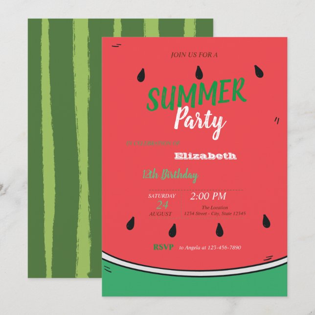 Invitación Sandía, Fiesta de Verano (Anverso / Reverso)