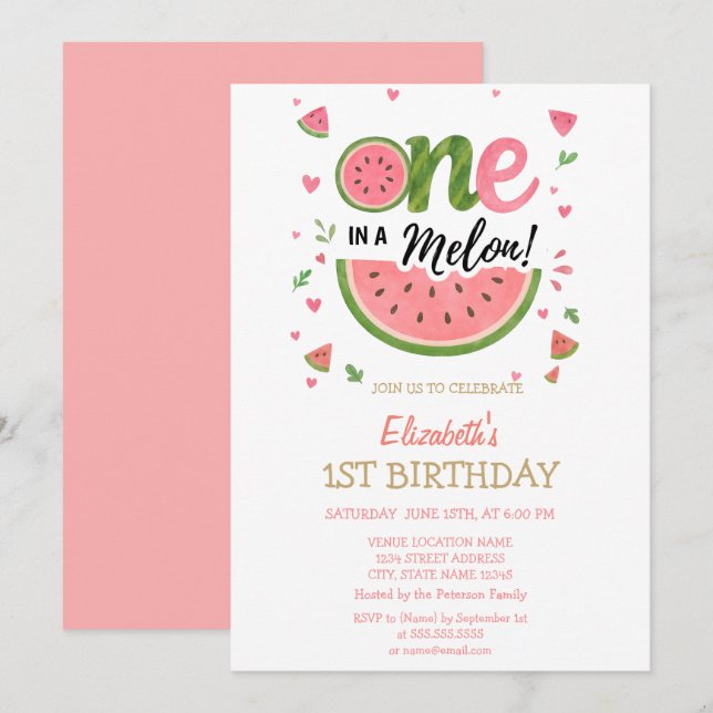 Invitación Sandía One In A Melon 1er Cumpleaños  (Anverso / Reverso)