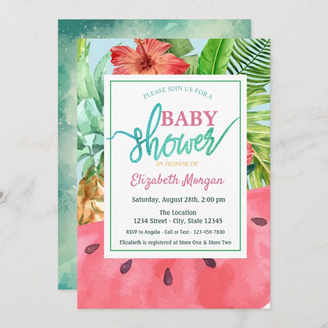 Invitación sandía, palma de piña deja Baby Shower (Anverso / Reverso)