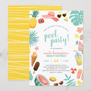 Invitación sandía, piña y Fiesta de piscina de hojas tropical