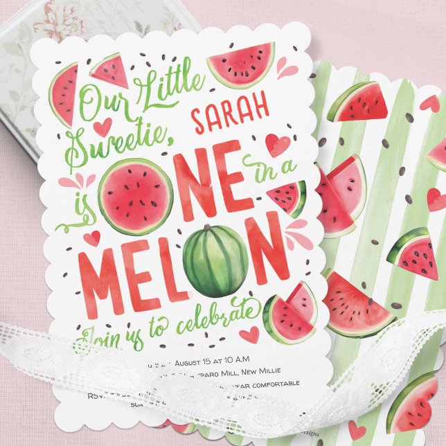 Invitación sandía roja de verano, uno en melón primer cumplea (Summer Cute Red Watercolor One In a Melon, Watercolor Themed Girl 1st Birthday Invitations.)