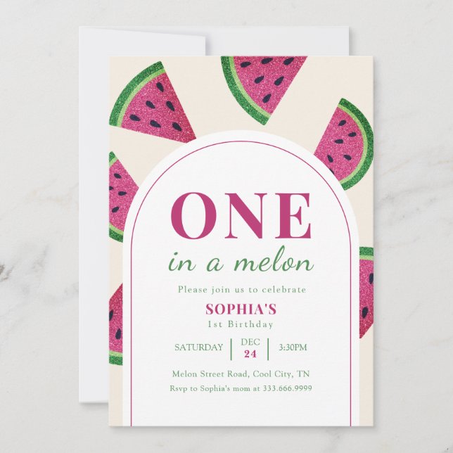 Invitación Sandía Rosa Foto Personalizada Cumpleaños 1  (Anverso)