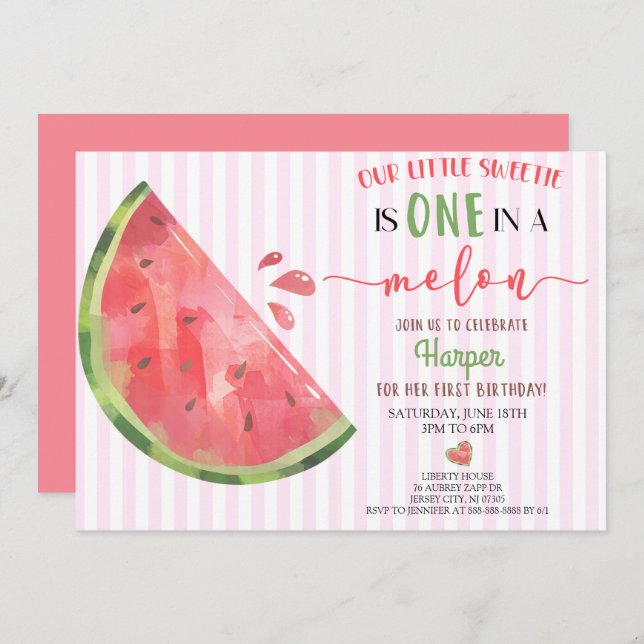 Invitación sandía rosa uno en un melón primer cumpleaños (Anverso / Reverso)