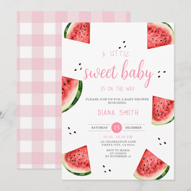 Invitación sandía Un poco dulce rosado Gingham Baby Shower (Anverso / Reverso)