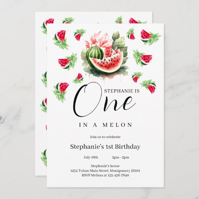 Invitación sandía uno en melón Fiesta de cumpleaños 1 (Anverso / Reverso)