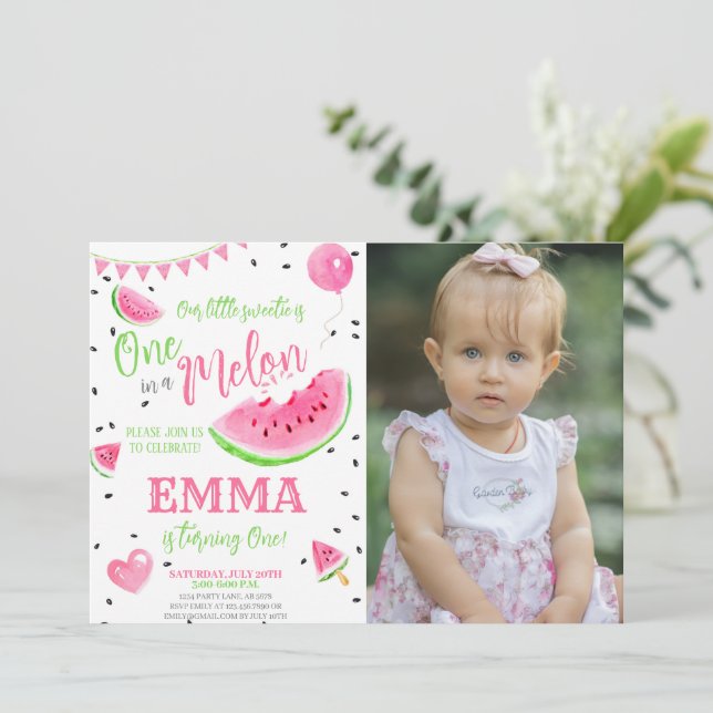 Invitación sandía uno en melón foto de primer cumpleaños (Anverso de pie)