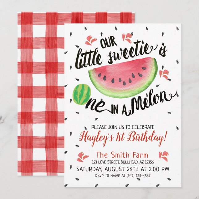 Invitación Sandía UNO en una acuarela de cuadros rojos de Mel (Anverso / Reverso)