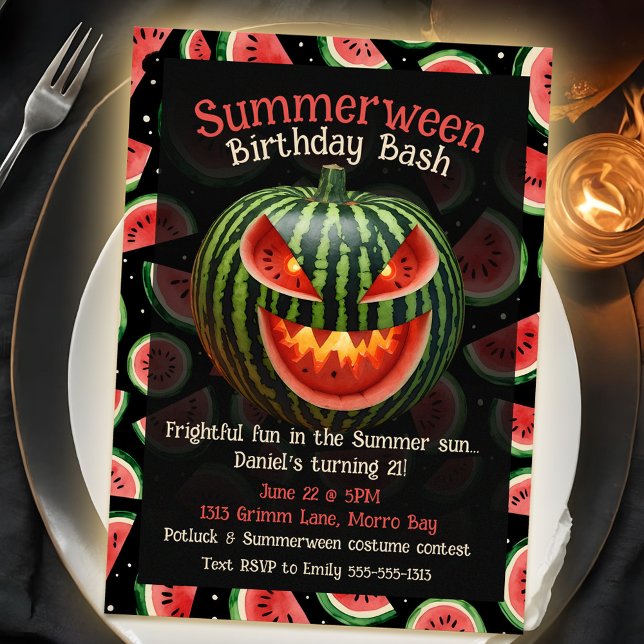 Invitación Sandía veraniega espeluznante en verano (Unique summer birthday party theme with summerween watermelon jack o lantern)