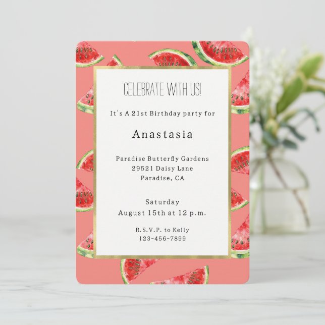 Invitación Sandías Cumpleaños Rosa Rubor Rojo Verde (Anverso de pie)
