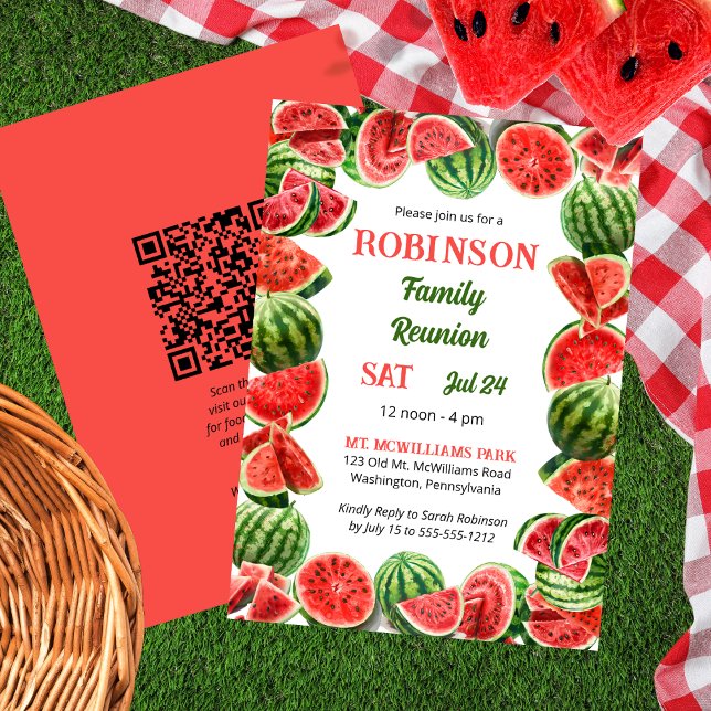 Invitación Sandías de verano frescas Reunión familiar de códi (Fresh Summer Watermelons QR Code Family Reunion Invitation)