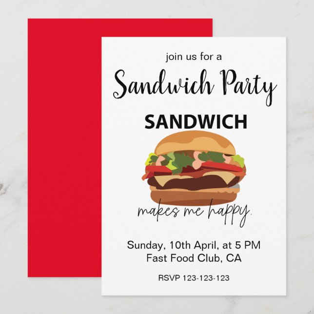 Invitación Sandwich me hace feliz Fiesta (Anverso / Reverso)