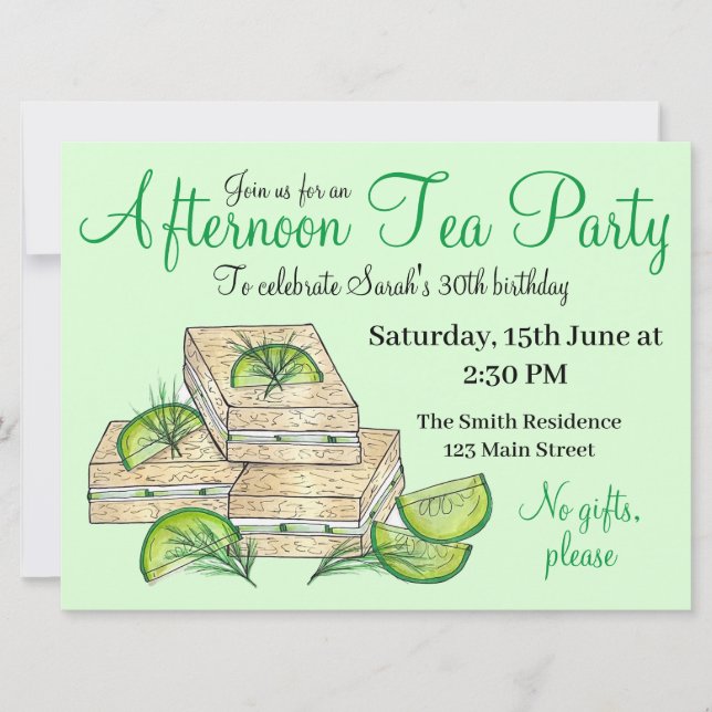 Invitación Sándwiches de pepino para la fiesta del té de la t (Anverso)