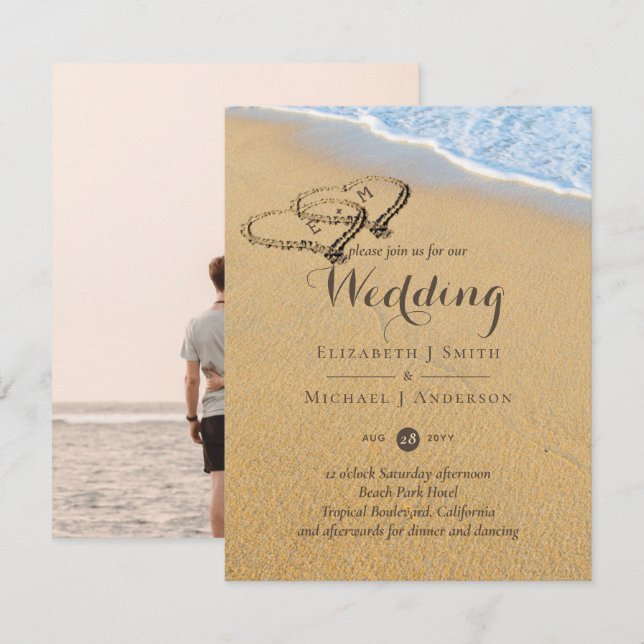 Invitación Sandy Beach nombra en el Boda oceánico Sand Hearts (Anverso / Reverso)