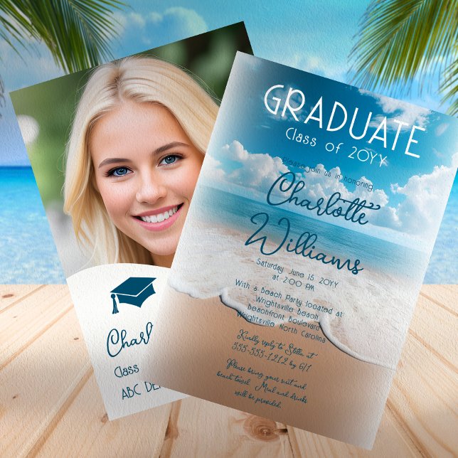 Invitación Sandy Beach Waves Graduada Foto Partido de Graduac (Beach "Graduate" Photo Graduation Party Invitation - Available in Print and/or Digital Download)
