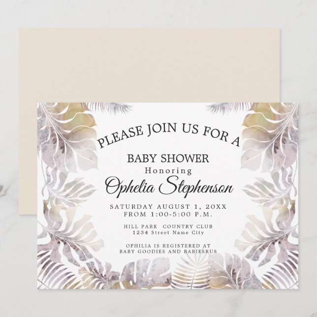 Invitación Sandy Gold Earthy Mauve Leafy Watercolor Shower (Anverso / Reverso)