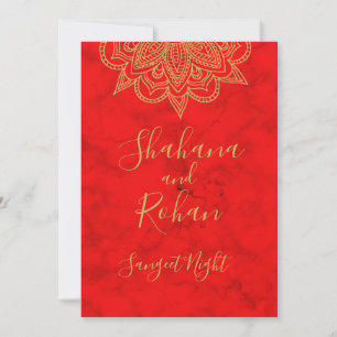 Invitación Sangeet estilo indio color oro rojo Moda moderna