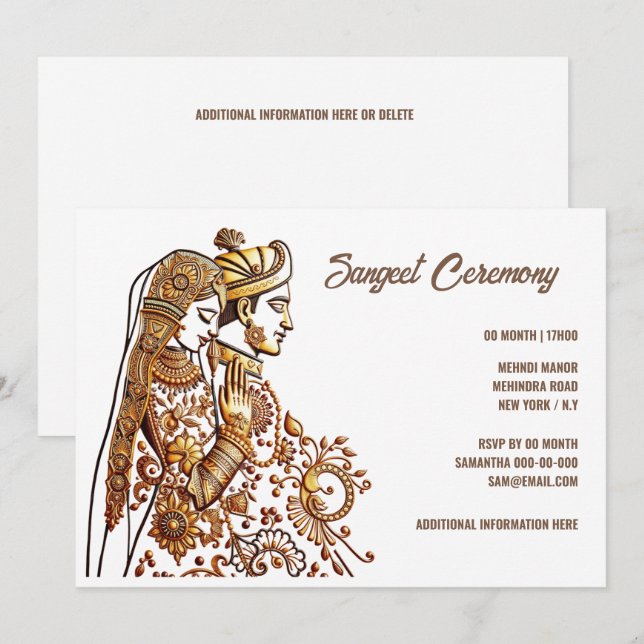 Invitación Sangeet Hindi Hena Mehndi Mhindi novia novio (Anverso / Reverso)