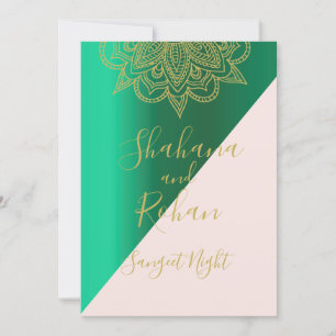 Invitación Sangeet Indian Style Green Color de oro rosado mod