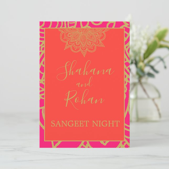 Invitación Sangeet Naranja de estilo indio Oro rosa elegante (Anverso de pie)
